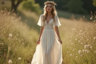 Mariée bohème chic en robe de mariage ivoire fluide avec couronne de fleurs séchées dans une prairie naturelle