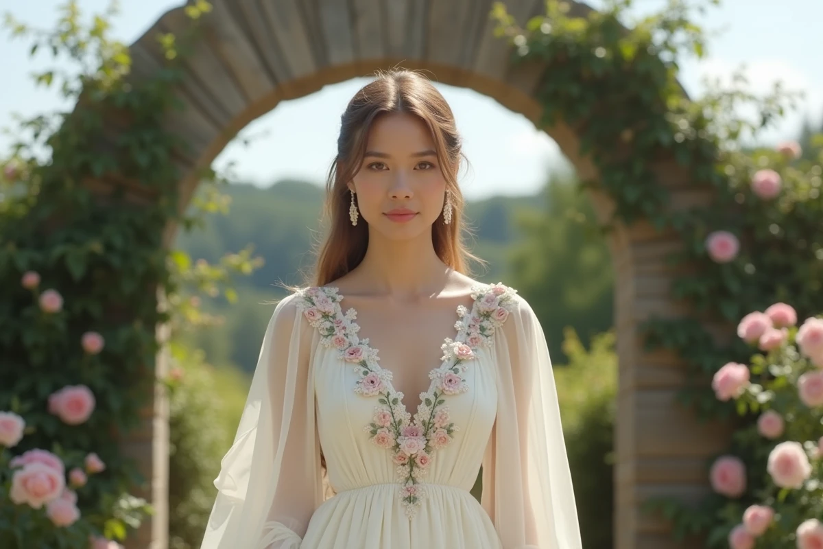 Mariée en robe vintage bohème des années 70 avec broderies florales dans un jardin fleuri avec arche en pierre