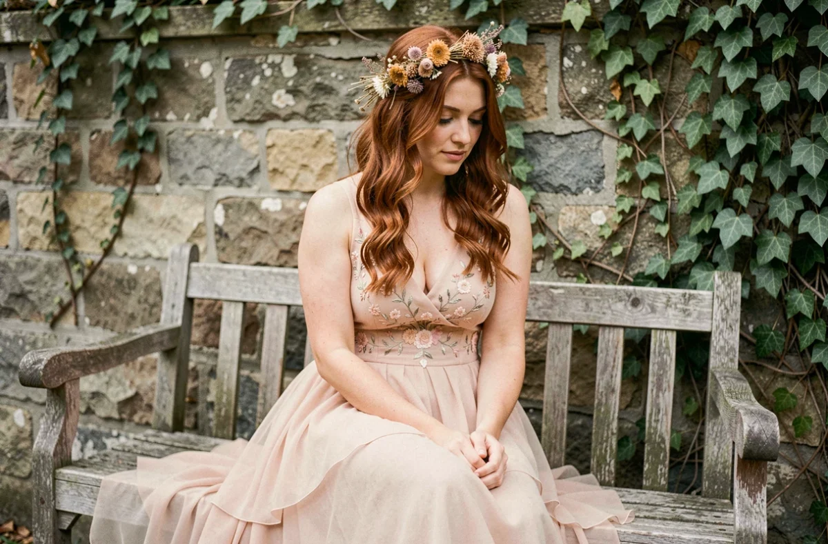 Mariée bohème en robe en mousseline blush avec broderies florales assise contre un mur en pierre