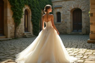 Mariée en robe bustier princesse à jupe en tulle volumineuse dans une cour de château en pierre