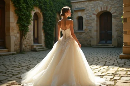 Mariée en robe bustier princesse à jupe en tulle volumineuse dans une cour de château en pierre