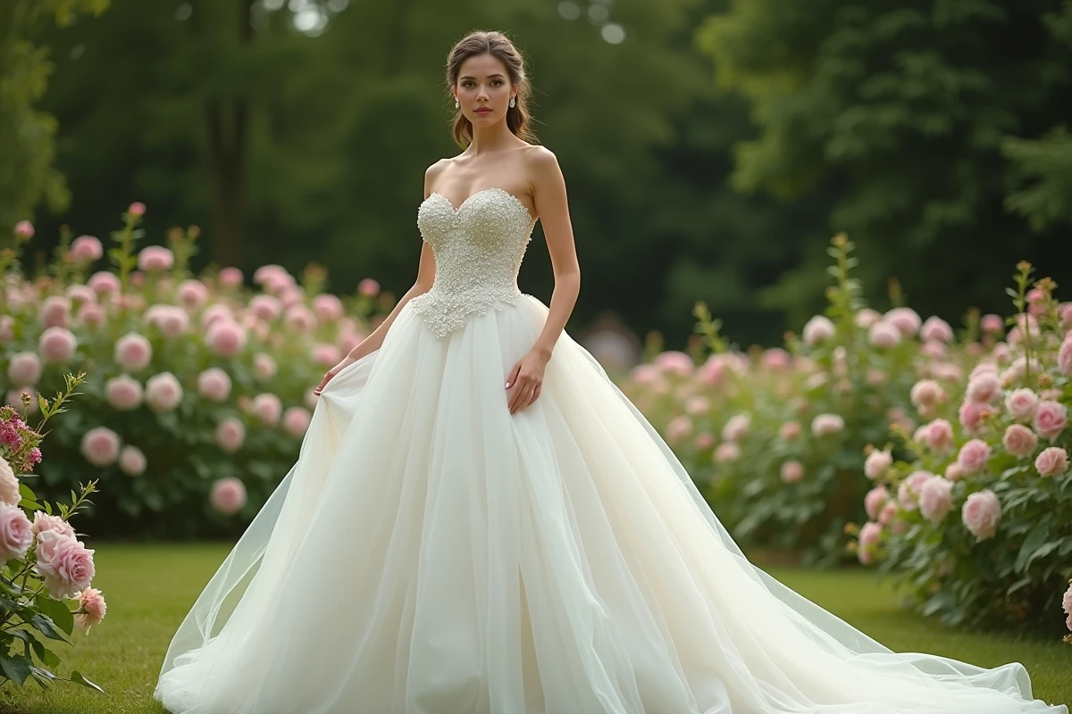 Mariée en robe bustier princesse à jupe en organza dans un jardin fleuri avec roses et hortensias