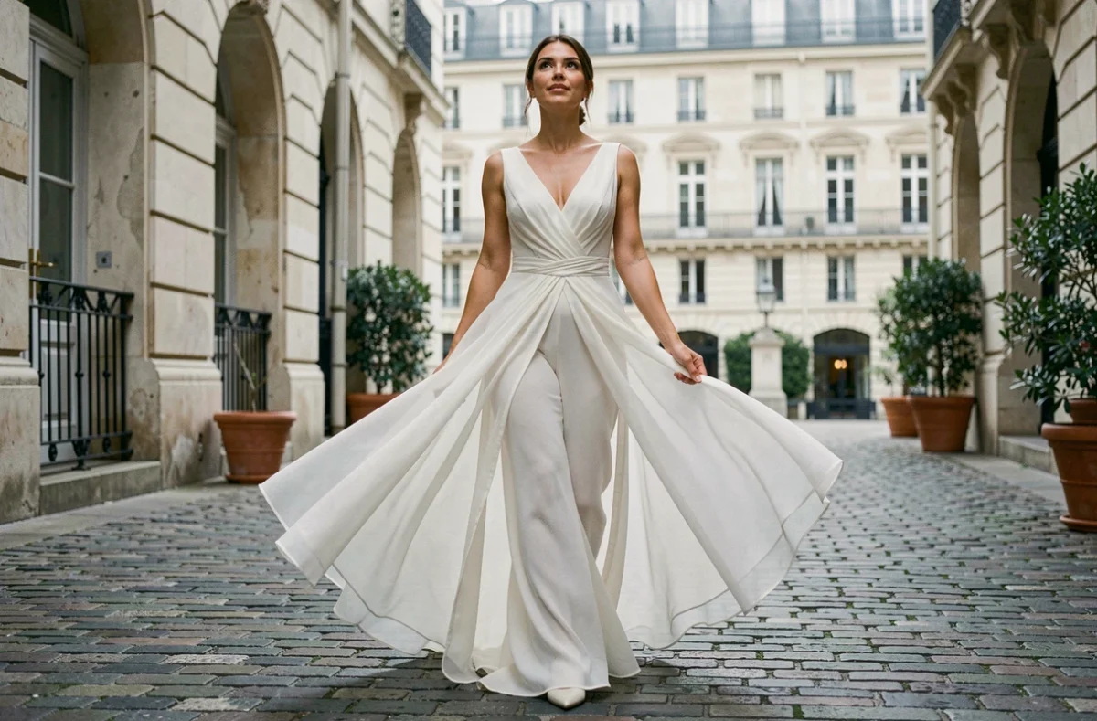 Mariée en robe de mariée chiffon fluide à petit budget marchant dans une cour pavée d'un immeuble haussmannien à Paris