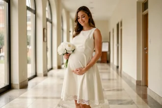 Future mariée enceinte en robe de mariée civile courte en dentelle ivoire tenant un bouquet de pivoines blanches dans un couloir de mairie