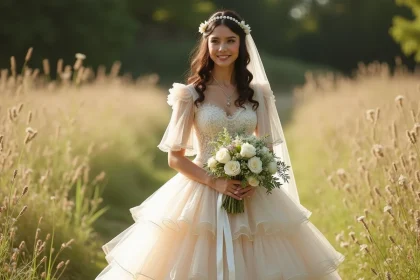 Mariée gitane en robe de mariée ivoire à volants de tulle et dentelle dans une prairie fleurie