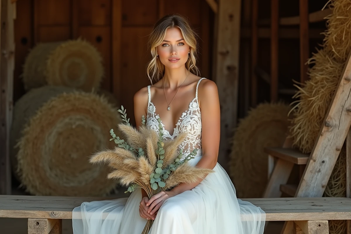 Femme en robe de mariée ivoire bohème dentelle crochet tenant un bouquet de pampa dans une grange rustique