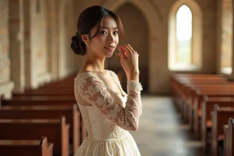 Mariée en robe longue manche en dentelle ajustant ses boucles d'oreilles en perle dans une chapelle en pierre