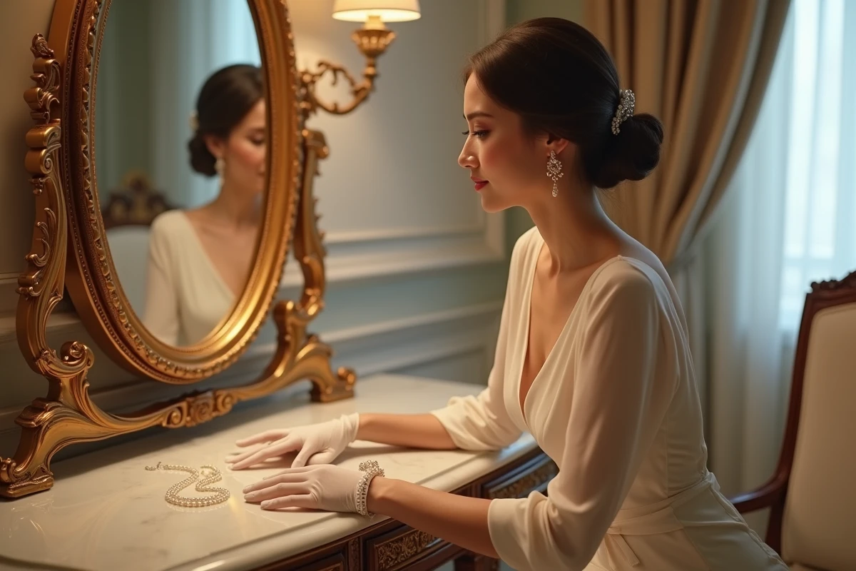 Mariée en robe longue manche champagne assise devant une coiffeuse avec ses accessoires de mariage disposés sur le marbre