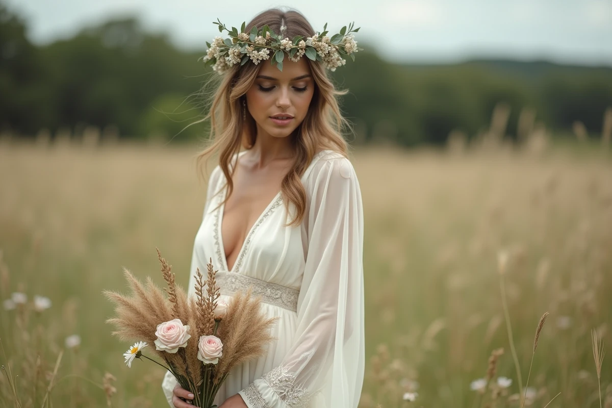 Mariée en robe bohème longue manche en mousseline portant une couronne florale dans un champ de fleurs sauvages avec son bouquet de pampa