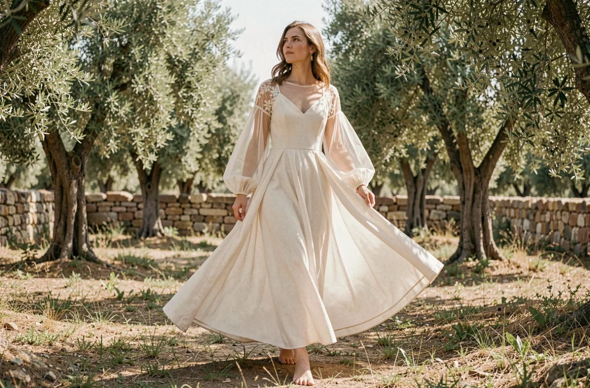 Mariée en robe bohème avec manches bouffantes transparentes se promenant dans une oliveraie ensoleillée