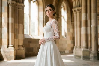 Mariée en robe longue avec manches en dentelle dans une église en pierre, silhouette élégante sublimée par une coupe ajustée
