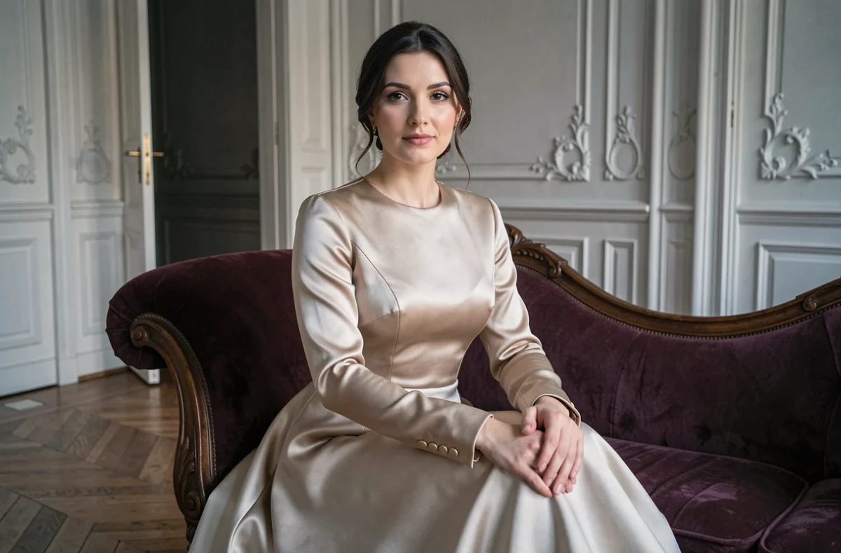 Mariée en robe de mariée satin à manches structurées assise sur une chaise longue dans un appartement parisien haussmannien