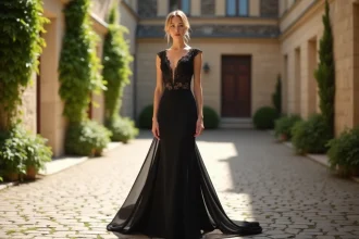 Femme portant une robe de mariée noire en dentelle dans une cour de château français, style élégant et romantique