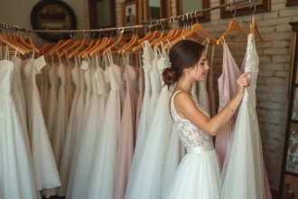 Jeune femme examinant une robe de mariée d'occasion dans une boutique de robes de mariée vintage abordable