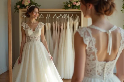 Jeune femme essayant une robe de mariée élégante et abordable dans une boutique de mariage