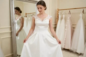 Jeune mariée essayant une robe de mariée blanche satin à petit budget devant un miroir dans une boutique élégante