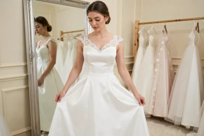 Jeune mariée essayant une robe de mariée blanche satin à petit budget devant un miroir dans une boutique élégante