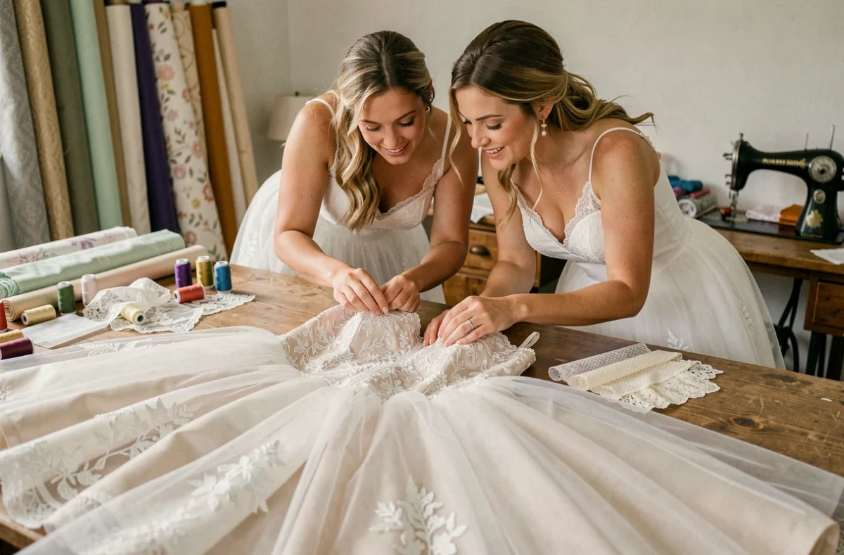 Deux femmes examinant les broderies d'une robe de mariée en tulle posée sur une table dans un atelier de couture maison