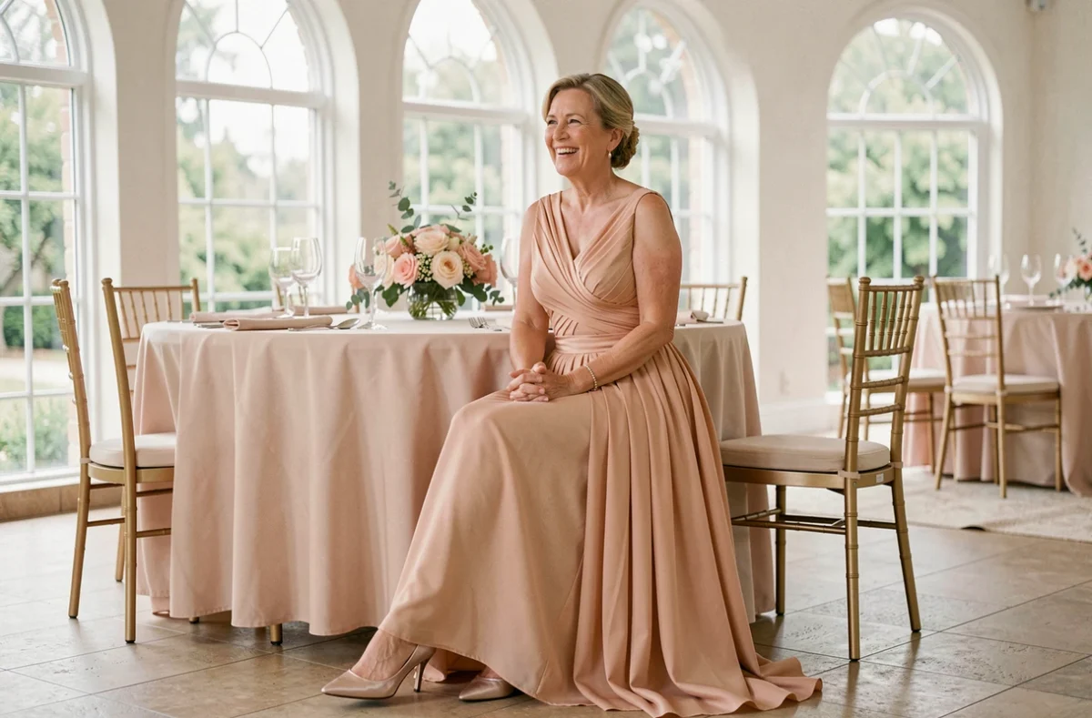Femme distinguée d'une soixantaine d'années en robe mère du marié empire champagne rosé, assise dans une salle de réception lumineuse décorée pour un mariage
