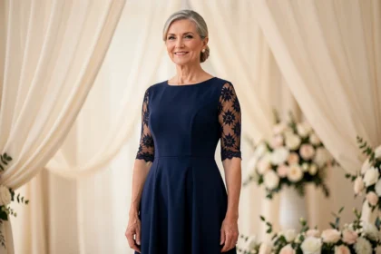 Femme élégante d'une cinquantaine d'années portant une robe mère du marié longue bleu marine à silhouette en A avec dentelle, dans un espace décoré pour un mariage