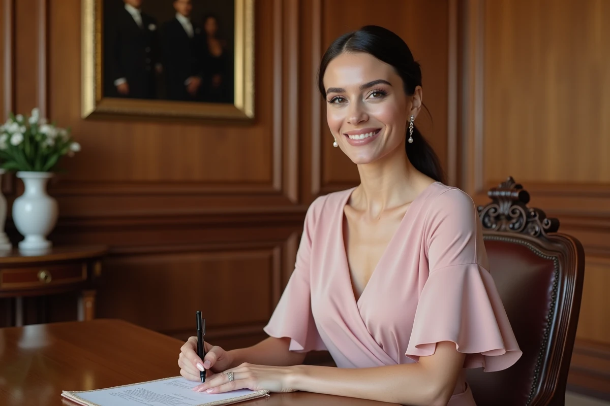 Femme en robe rose blush signant les documents lors d'un mariage civil élégant