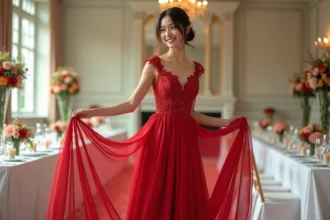 Jeune femme en robe satin rouge lors d'une réception de mariage