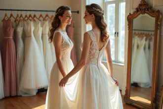 Femme essayant une robe de mariée vintage ivoire style années 50 dans une boutique de mariage ancienne avec miroirs dorés