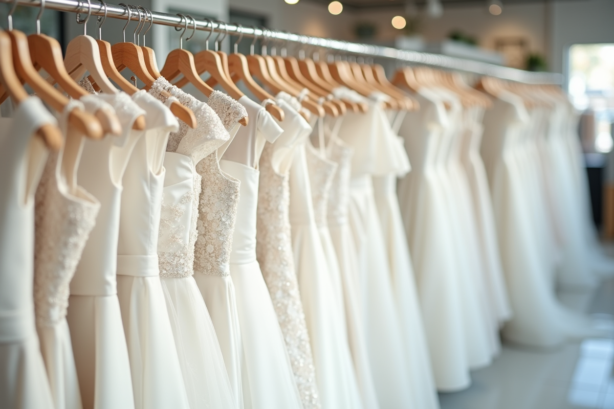 Sélection de robes de mariage blanches abordables suspendues dans un magasin bien éclairé