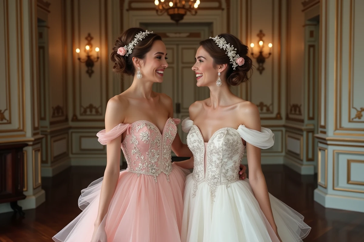 Deux mariées en robes gitanes à volants de soie rose et ivoire riant ensemble dans un salon de bal vintage