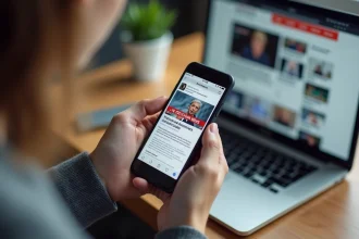 Personne consultant une rumeur virale sur smartphone concernant un mariage politique en France