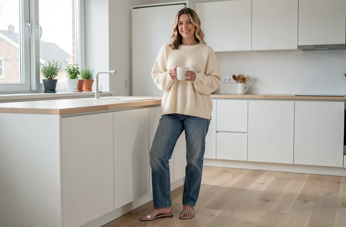 Femme en sandales plates argentées et jean indigo dans une cuisine scandinave moderne tenant un café