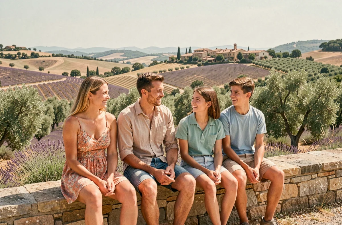Séance photo de famille sur un muret en pierre avec vue sur les collines et oliveraies autour de Vence