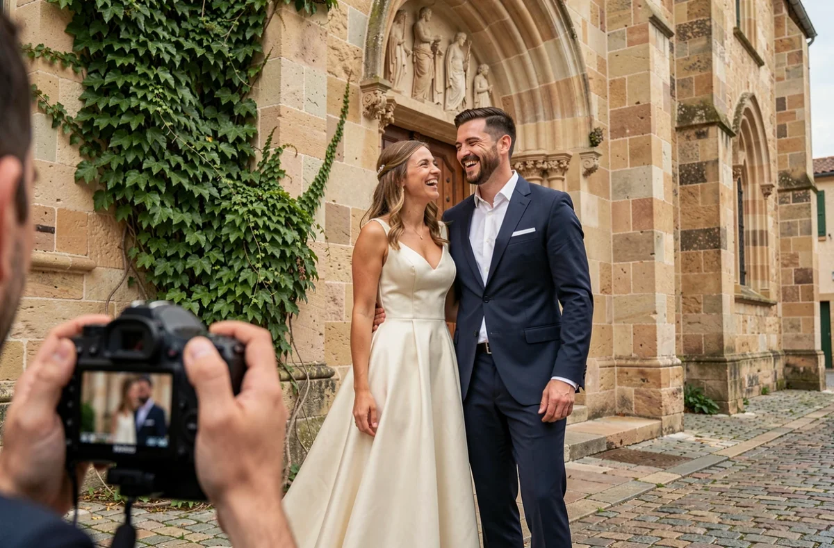 Couple de mariés riant devant une église historique au Bouscat lors d'une séance photo professionnelle