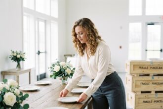 Jeune femme arrangeant de la porcelaine dans une salle lumineuse
