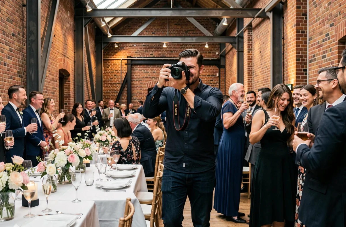 Stéphane Joly, photographe de mariage, en pleine action lors d'une réception dans une ancienne usine en briques rénovée dans les Hauts-de-France