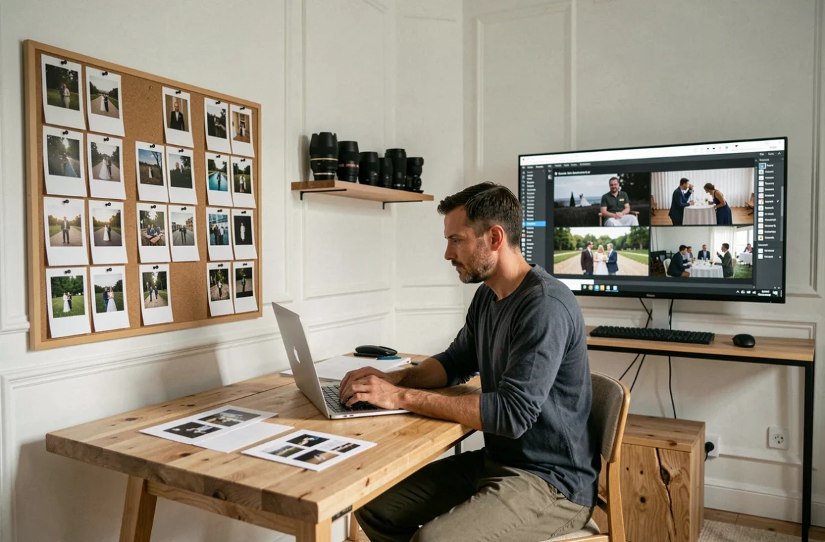 Photographe professionnel en post-traitement dans son studio de retouche photo au Bouscat, révisant des clichés d'événements