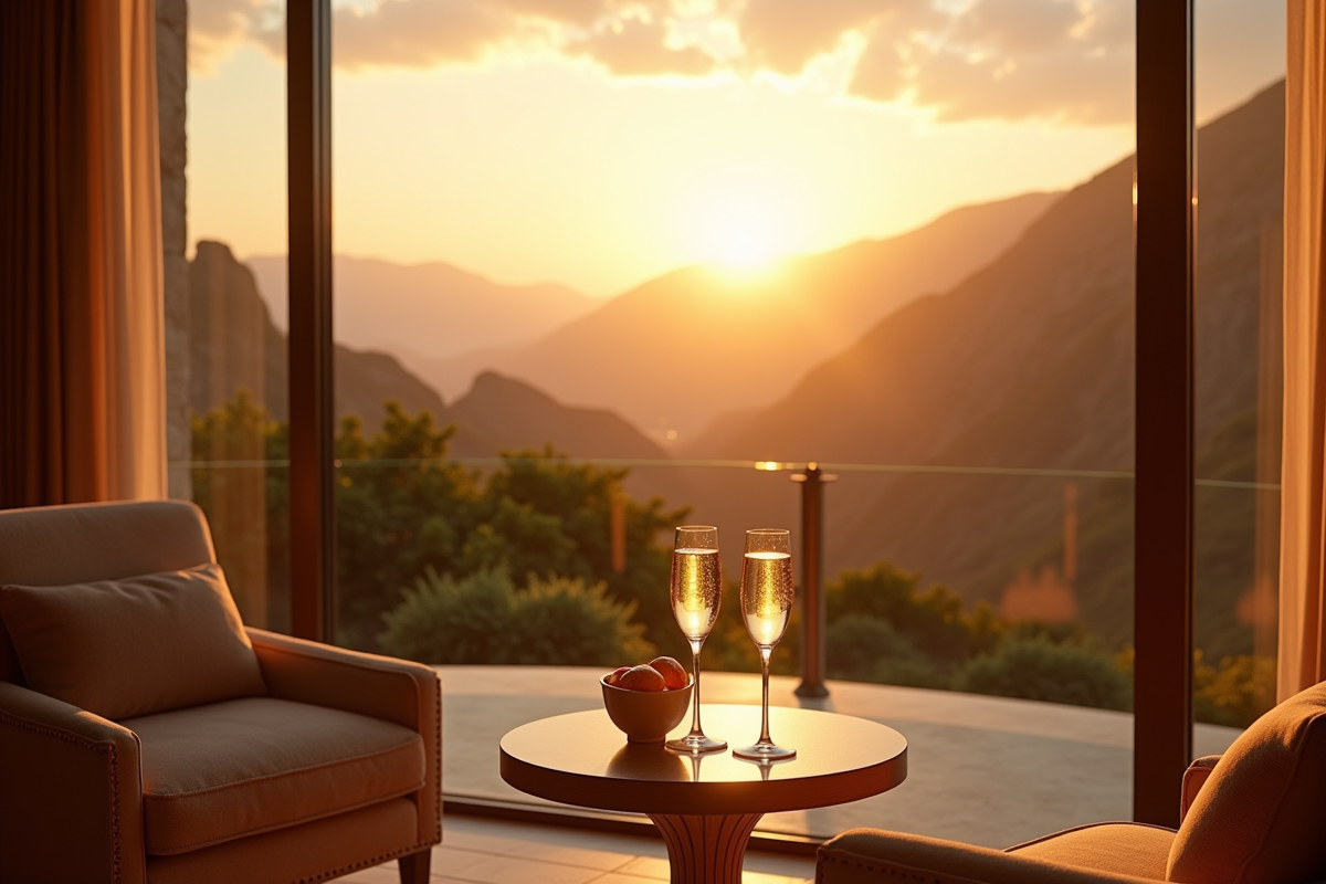 Suite élégante avec vue montagne au coucher de soleil et champagne