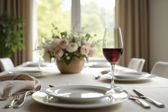Table de diner élégante dans une salle lumineuse avec vin rouge