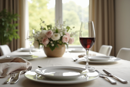 Table de diner élégante dans une salle lumineuse avec vin rouge