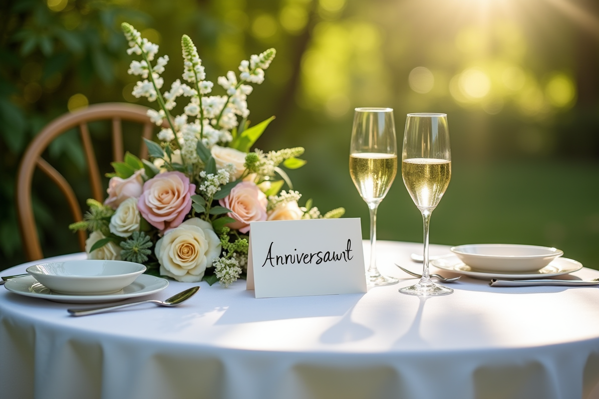 Table de jardin élégante pour deux avec fleurs et champagne