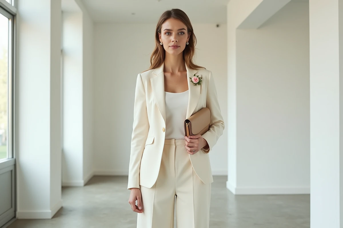 Femme en combinaison pantalon blanc chic pour un mariage civil simple et élégant