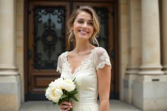 Femme en robe de mariée civile ivoire devant une mairie parisienne pour un mariage civil chic