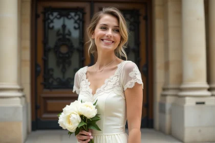Femme en robe de mariée civile ivoire devant une mairie parisienne pour un mariage civil chic