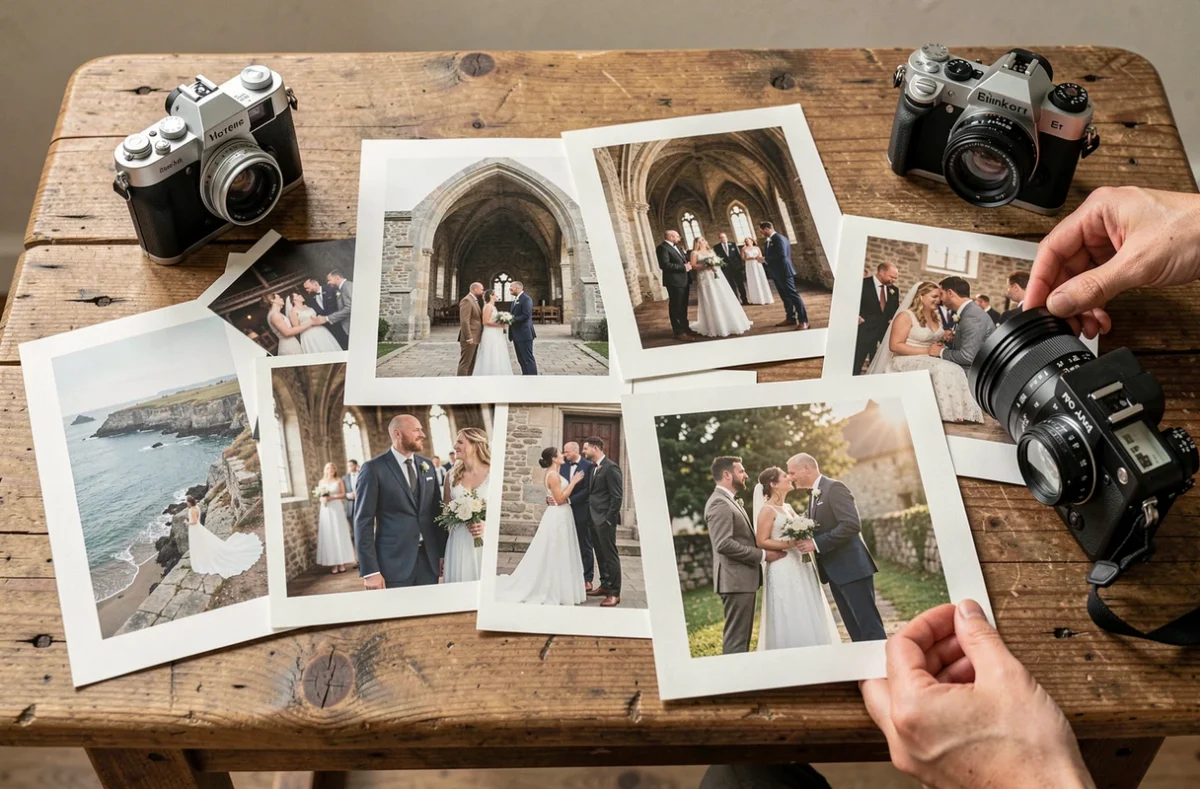 Sélection de tirages photos de mariage en Bretagne disposés sur une table en chêne dans un studio de photographe professionnel