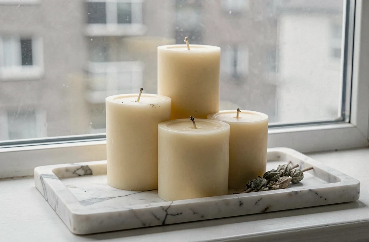 Trio de bougies en cire d'abeille sur plateau en marbre blanc, composition minimaliste symbolique près d'une fenêtre