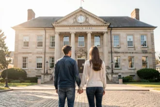 Un couple se tient la main devant une mairie un matin de mariage