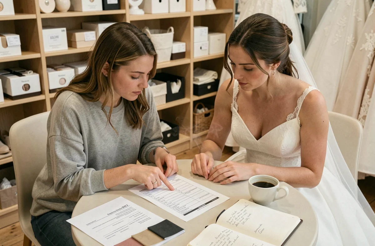 Deux femmes vérifiant un contrat de location de robe de mariée à Strasbourg pour éviter les erreurs le jour J
