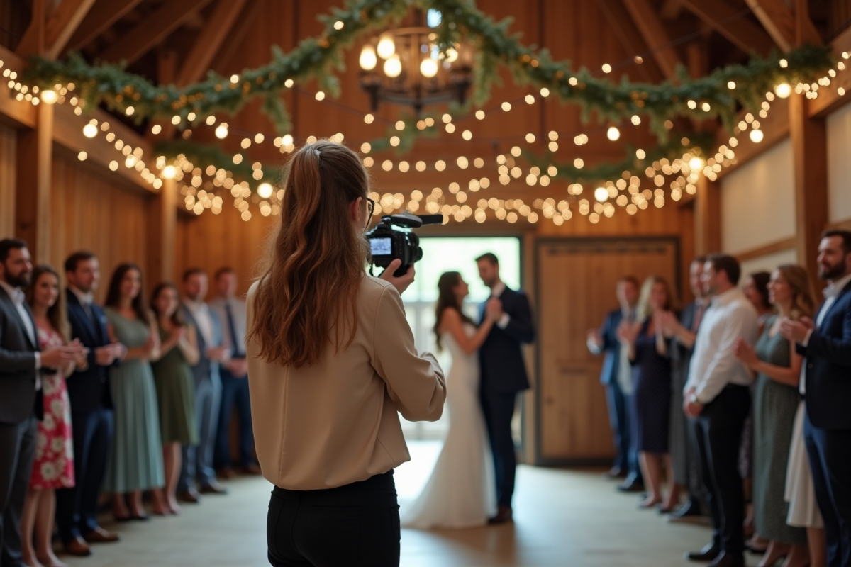Videaste professionnelle filme la premiere danse dans une grange rustique