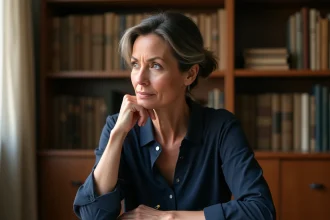 Femme réfléchissant à la notion de vie privée dans un bureau personnel, symbolisant les enjeux de confidentialité liés au mariage de personnalités publiques