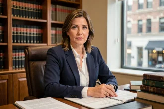 Femme juriste professionnelle assise dans un bureau privé entouré de livres de droit, regard pensif vers l'objectif, portrait éditorial réaliste illustrant la vie privée d'une personnalité publique